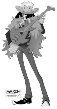 Rule 34 | 1boy, afro, ascot, brook (one piece), commentary, crown, feather boa, full body, greyscale, guitar, hat, highres, instagram username, instrument, male focus, maxchhumbert, monochrome, one piece, pointy shoes, shoes, simple background, skeleton, solo, twitter username, watermark