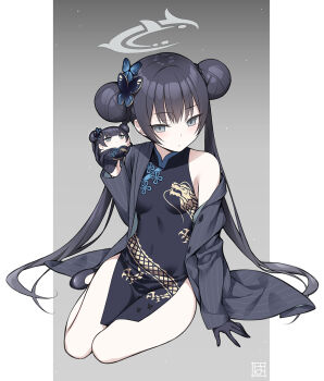 1girl black_dress black_gloves black_hair black_shoes blue_archive blush breasts butterfly_hair_ornament china_dress chinese_clothes double_bun dragon_print dress gloves gradient_background grey_eyes grey_halo hair_bun hair_ornament halo hashimoto_takashi highres holding jacket kisaki_(blue_archive) long_hair long_sleeves looking_at_viewer pelvic_curtain pinstripe_jacket pinstripe_pattern print_dress shoes sitting sleeveless sleeveless_dress small_breasts solo souvenir_doll_(blue_archive) striped_clothes striped_jacket twintails vertical-striped_clothes vertical-striped_jacket