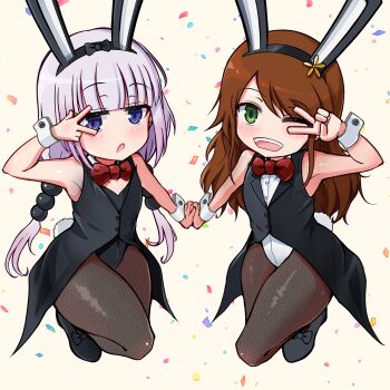 2girls animal_ear_hairband animal_ears beads black_bow black_bowtie black_leotard black_pantyhose black_vest blue_eyes blunt_bangs bow bowtie brown_eyes bunny_day coattails commentary_request detached_collar fake_animal_ears green_eyes hair_beads hair_ornament hairband highres kanna_kamui kia6art kobayashi-san_chi_no_maidragon leotard long_hair low_twintails multiple_girls pantyhose playboy_bunny purple_hair rabbit_ears rabbit_tail red_bow red_bowtie saikawa_riko shirt sleeveless sleeveless_shirt sphere_hair_ornament strapless strapless_leotard tail tailcoat_playboy_bunny twintails v v_over_eye vest white_leotard white_shirt wrist_cuffs