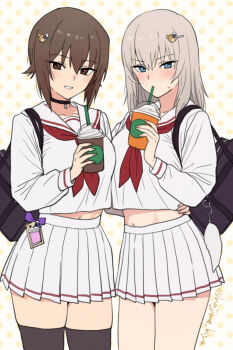 2girls black_thighhighs blue_eyes blush breasts brown_eyes brown_hair choker crop_top cup girls_und_panzer grey_hair itsumi_erika kiya_hajime large_breasts long_hair long_sleeves looking_at_viewer midriff multiple_girls navel neckerchief nishizumi_maho pleated_skirt sailor_collar shirt short_hair skirt smile thighhighs thighs white_sailor_collar white_shirt white_skirt