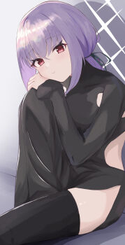 Rule 34 | 1girl, absurdres, atsuko (blue archive), black dress, black thighhighs, blue archive, blush, commentary request, dress, hair tie, halo, hands on own knees, highres, kuronagasu ir, looking at viewer, on floor, purple hair, red eyes, solo, thighhighs, white halo