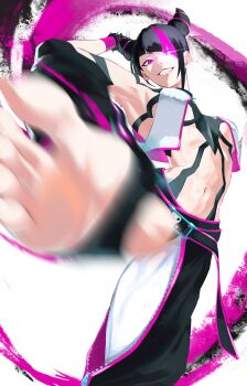 3333iyasy absurdres anklet baggy_pants bracelet collar fingerless_gloves gloves glowing glowing_eye hair_horns han_juri highres jewelry panties_over_leggings pants spiked_anklet spiked_bracelet spiked_collar spikes street_fighter street_fighter_6 toeless_legwear