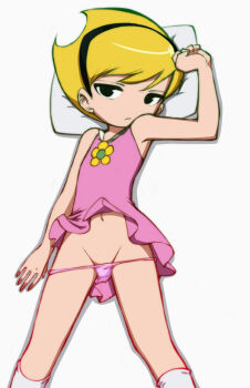 1girl arm_up bare_shoulders black_hairband bleedman blonde_hair closed_mouth clothes_lift dress dress_lift expressionless feet_out_of_frame female_focus flat_chest groin hairband kneehighs loli looking_at_viewer lying mandy_(grim_adventures) mandy_(grim_adventures) navel no_nose on_back on_bed panties panty_pull pillow pink_dress scowl short_hair simple_background skirt skirt_lift sleeveless sleeveless_dress socks solo spread_legs the_grim_adventures_of_billy_&amp;_mandy thong tsurime underwear white_background white_socks