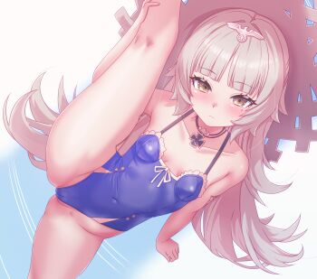 1girl arbiter1 arm_tattoo azur_lane blue_one-piece_swimsuit blunt_bangs blush breasts cameltoe closed_mouth commentary commentary_request covered_navel cross english_commentary frilled_one-piece_swimsuit frills grey_hair hat highres iron_cross leg_lift leg_tattoo long_hair looking_at_viewer mixed-language_commentary mole mole_under_eye official_alternate_costume one-piece_swimsuit reichsadler ribbon small_breasts solo split standing standing_on_one_leg standing_split straw_hat swimsuit tattoo white_ribbon yellow_eyes z46_(azur_lane) z46_(her_first_summer)_(azur_lane)