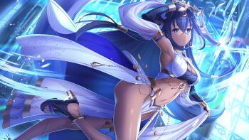 1girl arm_up armpits blue_hair blue_theme bracelet breasts cleavage dancer dark-skinned_female dark_skin deep_one_kyomu_to_mugen_no_fragment detached_sleeves feet gloves hair_between_eyes holding jamila_jibril jewelry legs long_hair looking_at_viewer magic_circle medium_breasts midriff nail_polish navel non-web_source pelvic_curtain purple_eyes revealing_clothes sandals solo toe_ring toenail_polish toenails toes very_long_hair