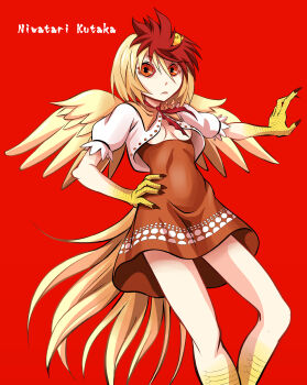 1girl absurdres animal animal_on_head ayana_mizuki bird bird_on_head bird_tail black_eyes blonde_hair breasts character_name claws closed_mouth colored_sclera commentary_request cowboy_shot crop_top dress expressionless feathered_wings fingernails hair_between_eyes hand_on_own_hip highres looking_at_viewer multicolored_hair niwatari_kutaka on_head orange_dress orange_sclera red_background red_hair shirt short_hair short_sleeves small_breasts solo tail touhou two-tone_hair underboob wings yellow_wings
