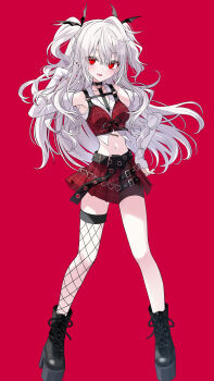 1girl absurdres ankle_boots bat_hair_ornament belt black_belt black_boots black_choker boots chest_harness choker clothing_cutout crop_top cropped_shirt fishnet_thighhighs fishnets frozen_yakan full_body genderswap genderswap_(mtf) hair_ornament harness highres long_hair long_sleeves looking_at_viewer midriff miniskirt navel nijisanji official_alternate_costume plaid_clothes platform_boots pleated_skirt pointy_ears red_background red_eyes red_skirt sanya_(kuzuha) shoulder_cutout sign_wa_b_(oshi_no_ko) simple_background single_fishnet_legwear single_thighhigh skirt smile solo thighhighs two_side_up virtual_youtuber white_hair