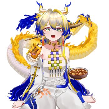 1girl :d arknights bare_shoulders barefoot beads belt blonde_hair blue_hair bowl breasts chopsticks cleavage colored_extremities commentary dragon_girl dragon_horns dragon_tail earrings eyeliner food green_eyes grey_hair hair_between_eyes hair_intakes highres holding holding_bowl holding_chopsticks horns incoming_food jacket jewelry light_blush long_hair looking_at_viewer makeup mixed-language_commentary multicolored_hair necklace open_mouth orange_eyeliner pants pointy_ears reivaignition124 seigaiha shu_(arknights) simple_background sitting small_breasts smile solo strapless tail tube_top wariza white_background white_belt white_jacket white_pants white_tube_top