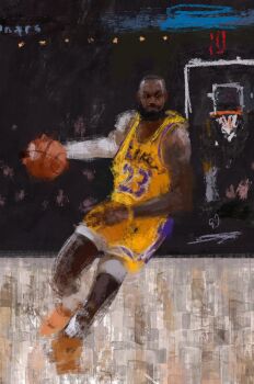 1boy ball basketball basketball_(object) basketball_jersey basketball_uniform beard black_beard dark-skinned_male dark_skin facial_hair fuyumurasaki highres lebron_james los_angeles_lakers male_focus national_basketball_association painterly real_life realistic short_hair shorts solo sportswear very_short_hair vest yellow_shorts yellow_vest