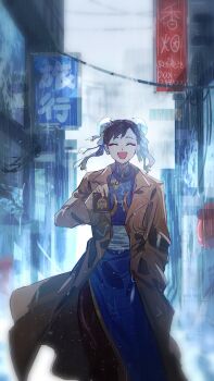 1girl brown_coat brown_hair building bun_cover capcom china_dress chinese_clothes chun-li city cityscape cloud cloudy_sky coat detective double_bun dress grey_sky hair_bun highres holding open_mouth outdoors pantyhose pelvic_curtain police police_badge police_uniform policewoman power_lines rain raincoat road scenery sky smile solo street street_fighter thick_thighs thighs trench_coat water_drop wet wet_clothes wet_hair yumi_xsh