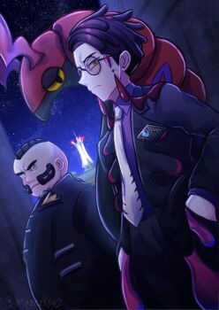 2boys antennae black-framed_eyewear black_hair black_jacket black_pants black_suit bug centipede closed_mouth collared_shirt colored_sclera corbeau_(pokemon) eyewear_strap facial_hair formal_clothes frown gen_5_pokemon glasses hands_in_pockets highres jacket long_sleeves looking_at_viewer lumiose_city mohawk multiple_boys mutton_chops necktie night night_sky nintendo okiinae open_clothes open_jacket pants philippe_(pokemon) pokemon pokemon_(creature) pokemon_legends:_z-a prism_tower purple_hair purple_shirt round_eyewear scolipede shirt short_hair short_sideburns sky suit undercut white_necktie yellow_eyes yellow_sclera