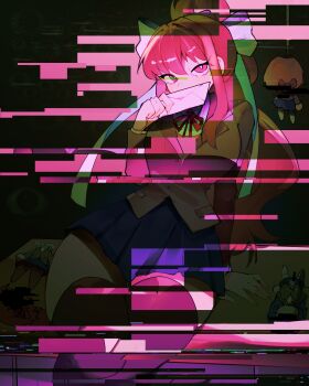 1girl arm_support black_thighhighs blue_skirt bow breasts commentary covered_mouth doki_doki_literature_club doki_doki_literature_club_school_uniform english_commentary glitch grey_sweater_vest hair_bow hair_ribbon highres holding holding_letter hoshoidk large_breasts leaning_back letter long_hair looking_at_viewer looking_to_the_side monika_(doki_doki_literature_club) on_table red_eyes red_hair red_ribbon ribbon school_uniform sitting skirt solo sweater_vest table thick_thighs thighhighs thighs white_bow white_ribbon zettai_ryouiki