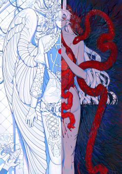 1other absurdres blood closed_mouth colored_skin completely_nude crrn feathered_wings grass guro head_wings highres intestines long_hair looking_at_viewer lying nude original rei_(crrn) snake solo white_hair white_skin wings wire