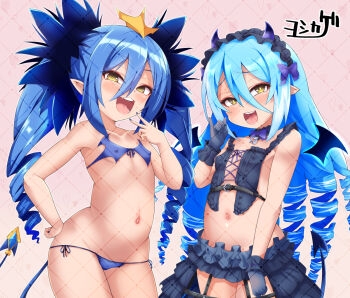 2girls aqua_hair bikini blue_hair blueberry_(bombergirl) blush bombergirl breasts covered_erect_nipples demon_tail drill_hair hair_between_eyes hand_on_own_hip highres lewisia_aquablue loli long_hair looking_at_viewer micro_bikini multiple_girls navel open_mouth sharp_teeth small_breasts smile stomach swimsuit tail teeth twin_drills very_long_hair yellow_eyes yoshikage_(saman&#039;osa)