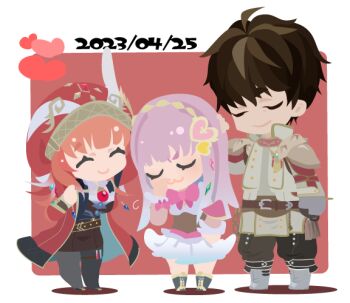 Rule 34 | 01 (zeroichi srl), 1boy, 2girls, :3, ^ ^, atelier (series), atelier lulua, black pants, black pantyhose, boots, brown hair, chibi, chibi only, closed eyes, coat, commentary request, dated, dress, elmerulia frixell, full body, hat, heart, long hair, long sleeves, multiple girls, no lineart, pants, pantyhose, purple hair, red coat, red hat, rorolina frixell, short hair, skirt, smile, standing, sterkenburg cranach, white skirt