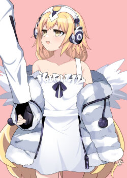 1girl 1other absurdres angel_wings bare_shoulders blonde_hair blush breasts collarbone commentary_request dress fate/grand_order fate_(series) feathered_wings grey_sweater headphones highres holding_hands jeanne_d'arc_(fate) long_hair long_sleeves looking_to_the_side low_twintails metatron_jeanne_(fate) metatron_jeanne_(second_ascension)_(fate) off_shoulder open_mouth small_breasts smile striped_clothes striped_sweater sweater tanuki_(siutkm0228) thighs twintails very_long_hair white_dress wings yellow_eyes