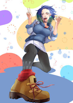 1girl :d boots brown_boots brown_eyes choker commentary_request earrings hands_up highres jacket jewelry kikyouta medium_hair multicolored_hair nintendo official_alternate_costume open_clothes open_jacket open_mouth pantyhose perrin_(academy)_(pokemon) perrin_(pokemon) pleated_skirt pokemon pokemon_masters_ex red_socks ribbed_socks skirt smile socks solo teeth two-tone_hair upper_teeth_only v
