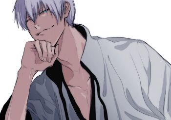Rule 34 | 1boy, ajuji aju, bleach, blue eyes, closed mouth, commentary request, from below, grey hair, hand on own chin, haori, highres, ichimaru gin, japanese clothes, looking at viewer, male focus, one eye closed, short hair, simple background, snake mouth, solo, taichou haori, unusually open eyes, white background