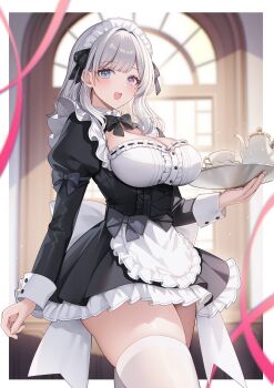 1girl apron black_bow black_dress blue_eyes blush border bow breasts buttons center_frills cleavage collared_dress commentary_request commission criss-cross_strings cup dress frilled_dress frilled_headwear frills hand_up heterochromatic_eyewear highres holding holding_tray indoors inset_border large_breasts light_particles long_sleeves maid maid_apron maid_headdress mocchiri290 open_mouth original pink_ribbon puffy_long_sleeves puffy_sleeves purple_eyes ribbon skeb_commission sleeve_cuffs smile teacup teapot thighhighs thighs tinted_eyewear tray white_apron white_border white_hair white_thighhighs white_wrist_cuffs window wrist_cuffs