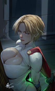 1girl against_wall athenaart10150 blonde_hair blue_eyes bound bound_wrists breasts cape cape_hold cleavage_cutout clothing_cutout cropped_legs dc_comics gloves highres kryptonite large_breasts leotard lips power_girl power_girl_(1976_costume) red_cape restrained short_hair sleeved_leotard standing stocks superhero_costume white_leotard