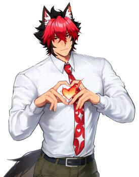 Rule 34 | 1boy, absurdres, animal ear fluff, animal ear piercing, animal ears, belt, belt buckle, black belt, black hair, buckle, closed mouth, double-parted bangs, four-finger heart hands, green pants, hair between eyes, heart, heart hands, highres, komano manato, long sleeves, looking at viewer, male focus, multicolored hair, necktie, nikkoiro2, pants, piercing, red hair, scar, scar across eye, scar on face, shirt, shirt tucked in, simple background, solo, tail, two-tone hair, white background, white shirt, wolf ears, wolf tail, zenless zone zero