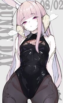 Rule 34 | 1girl, allumer99, animal ears, au ra, bare shoulders, black leotard, blunt bangs, breasts, bunny day, cleavage cutout, clothing cutout, commentary, dragon girl, dragon horns, fake animal ears, final fantasy, final fantasy xiv, highres, horns, leotard, long hair, looking at viewer, pantyhose under leotard, pink eyes, pink hair, playboy bunny, rabbit ears, scales, small breasts, solo, sweat, symbol-only commentary, twitter username, warrior of light (ff14)