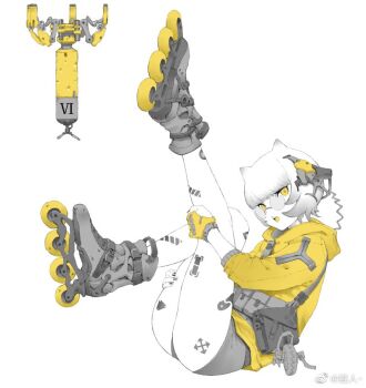 1girl arrow_(symbol) ass body_markings body_writing expressionless fingerless_gloves fingernails full_body glasses gloves headgear holding_legs hood hood_down hooded_jacket inline_skates jacket leaning legs legs_up liren44 looking_at_viewer machine monochrome open_mouth original outstretched_leg pouch roller_skates roman_numeral round_eyewear short_hair short_shorts shorts skates solo spot_color strap three-quarter_sleeves watermark weibo_watermark yellow_eyes yellow_gloves yellow_jacket zipper_pull_tab