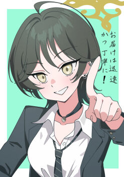 1girl absurdres ahoge black_choker black_hair black_jacket black_necktie blue_archive border breasts brown_eyes choker collarbone collared_shirt commentary_request diagonal-striped_clothes diagonal-striped_necktie ear_piercing earrings eternal_kenkyu fuyu_(blue_archive) green_background halo highres jacket jewelry long_sleeves looking_at_viewer medium_breasts necktie outside_border piercing pointing pointing_at_viewer shirt short_hair simple_background smile solo striped_clothes translation_request white_border white_shirt