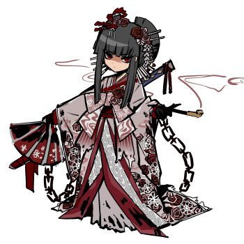 1girl alternate_costume black_gloves black_hair bow chain chibi chinese_commentary commentary_request e.g.o_(project_moon) ehooooooost flower full_body gloves grey_kimono hand_fan highres indicant's_trial_(e.g.o) japanese_clothes kimono limbus_company long_hair long_sleeves looking_at_viewer nihongami pink_bow pink_flower pink_rose project_moon red_eyes red_flower red_rose red_sash rose ryoshu_(project_moon) sash simple_background smoking_pipe solo standing white_background