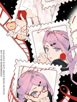 1girl apple bow covering_own_mouth cropped duo_lai_xi_mie english_text food fruit hair_bow hair_intakes hair_ornament hairpin highres holding holding_food holding_fruit jewelry long_hair looking_at_viewer multiple_views necklace original pink_hair purple_eyes semi-rimless_eyewear under-rim_eyewear veil