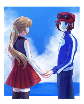 1boy 1girl blonde_hair blue_eyes blue_jacket calem_(pokemon) closed_mouth cloud commentary_request day eyewear_on_headwear hat highres holding_hands jacket long_hair looking_at_another mochi_(mocchi_p_2m) nintendo outdoors pants pleated_skirt pokemon pokemon_xy ponytail red_hat red_skirt serena_(pokemon) shirt short_hair skirt sky sleeveless sleeveless_shirt smile sparkle sunglasses thighhighs