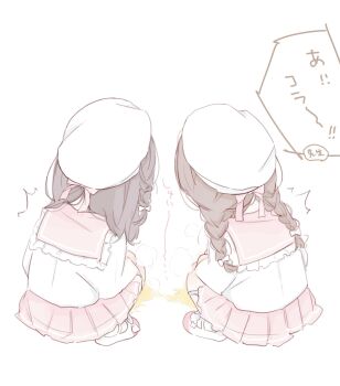 2girls ^^^ beret black_hair braid braided_twintails brown_hair commentary_request from_behind full_body hanamari_(siii_siii15) hat highres loli long_hair mary_janes multiple_girls original pale_color pee pee_puddle peeing peeing_together pink_sailor_collar pink_skirt pleated_skirt sailor_collar school_uniform serafuku shirt shoes skirt speech_bubble squatting steam translation_request twin_braids white_hat white_shirt