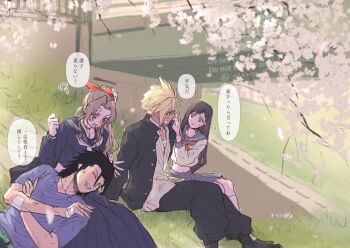 Rule 34 | 2boys, 2girls, aerith gainsborough, aerith gainsborough (midgard seventh high school), bandaid, bandaid on arm, bandaid on cheek, bandaid on face, bandaid on hand, black choker, black hair, black jacket, black pants, black sailor collar, black serafuku, black skirt, blonde hair, blue eyes, blue sailor collar, blue shirt, blue skirt, blush, brown hair, brown shoes, bruise, bruise on face, cherry blossoms, choker, cloud strife, cloud strife (midgard seventh high school), commentary request, delinquent, falling petals, feet out of frame, final fantasy, final fantasy vii, final fantasy vii: ever crisis, gakuran, grass, green eyes, hair ribbon, highres, injury, jacket, jewelry, lap pillow, long sleeves, looking at another, midriff, multiple boys, multiple girls, navel, neckerchief, necklace, ninnin5tora, official alternate costume, open clothes, open jacket, open mouth, outdoors, pants, parted bangs, petals, pink petals, pink ribbon, puff of air, red eyes, red neckerchief, ribbon, sailor collar, school uniform, serafuku, shirt, shoes, sitting, skirt, socks, speech bubble, spiked hair, tifa lockhart, tifa lockhart (midgard seventh high school), translation request, white neckerchief, white serafuku, white socks, zack fair, zack fair (midgard seventh high school)