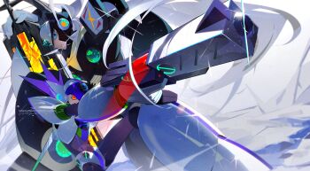 Rule 34 | 2boys, absurdres, armor, axl (mega man), black armor, black helmet, black zero (mega man), blue eyes, chest jewel, commentary, english commentary, finger on trigger, forehead jewel, glowing, glowing eyes, grey hair, gun, helmet, highres, holding, holding gun, holding sword, holding weapon, long hair, male focus, mega man (series), mega man x8, mega man x (series), multiple boys, purple hair, red eyes, spiked hair, sword, wawadochi, weapon, white armor, white axl (mega man), white helmet, zero (mega man)