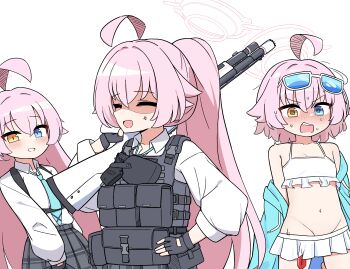 3girls @_@ ^_^ absurdres ahoge anger_vein angry bare_shoulders bikini bikini_bottom_pull black_gloves black_jacket black_skirt blue-tinted_eyewear blue_archive blue_eyes blue_necktie blush breasts bulletproof_vest closed_eyes collared_shirt commentary cowboy_shot crab embarrassed eyewear_on_head facing_viewer false_smile fingerless_gloves frilled_bikini frills gloves grin groin gun hair_between_eyes hand_on_own_hip hand_up heterochromia highres holding holding_gun holding_weapon hoshino_(armed)_(blue_archive) hoshino_(blue_archive) hoshino_(first_year)_(blue_archive) hoshino_(swimsuit)_(blue_archive) jacket jacket_partially_removed long_hair multiple_girls multiple_persona navel necktie nose_blush official_alternate_costume official_alternate_hair_length official_alternate_hairstyle open_clothes open_jacket open_mouth over_shoulder pink_hair plaid_clothes plaid_skirt ponytail school_uniform self_cosplay shirt short_hair simple_background skirt small_breasts smile stomach sunglasses sweat swimsuit tagyeokgam teeth tinted_eyewear upper_teeth_only v-shaped_eyebrows very_long_hair weapon weapon_over_shoulder white-framed_eyewear white_background white_bikini white_shirt yellow_eyes