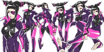 1girl ass black_hair bodysuit breasts eyepatch feet fingerless_gloves full_body gloves hair_horns han_juri large_breasts open_mouth pink_eyes polychromatic smile street_fighter street_fighter_v toeless_legwear zipper