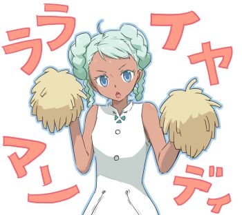 1girl ahoge bare_shoulders bindi blue_eyes braid character_name chestnut_mouth dark-skinned_female dark_skin dress female_focus green_hair gundam gundam_g_no_reconguista pettyo pom_pom_(cheerleading) raraiya_monday s_meso solo twin_braids