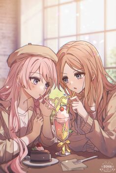 2girls bang_dream! bang_dream!_it&#039;s_mygo!!!!! beret blush brown_cardigan brown_hair brown_hat brown_jacket cake cardigan chihaya_anon commentary crazy_straw cup drinking_straw food fork grey_eyes hat heart_straw jacket long_hair multiple_girls nagasaki_soyo open_mouth pink_hair shared_drink shirt sidelocks soha_blan symbol-only_commentary white_shirt