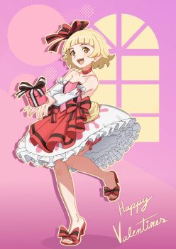 Rule 34 | 1girl, absurdres, arched bangs, blonde hair, bow, choker, commentary, dress, dress bow, english commentary, fangs, flat chest, full body, gift, hair bow, highres, holding, holding gift, kiss-shot acerola-orion heart-under-blade, kiss-shot acerola-orion heart-under-blade (small), kizumonogatari, monogatari (series), open mouth, orange eyes, oshino shinobu, outline, pointy ears, red bow, red choker, red sandals, ricman rt, sandals, short hair, smile, solo, standing, standing on one leg, strapless, strapless dress, valentine, vampire, yellow outline