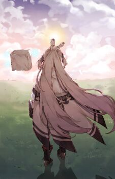 Rule 34 | brown hair, cloak, cloud, facing away, feather hair ornament, feathers, grass, hair ornament, highres, hololive, hololive english, long hair, ma draws, nanashi mumei, nanashi mumei (1st costume), shoes, sun, virtual youtuber
