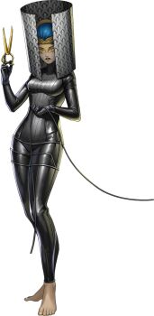 1girl artist_request atropos_(megami_tensei) barefoot black_gloves blue_hair breasts demon_(megami_tensei) gloves highres holding holding_scissors holding_string official_art orange_eyes persona persona_5 persona_5:_the_phantom_x scissors shin_megami_tensei solo string third-party_source transparent_background