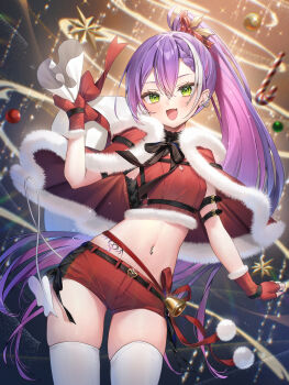 1girl absurdres alternate_costume arm_belt bell black_bow black_bowtie blush bow bowtie braid braided_bangs breasts capelet chest_harness christmas_ornaments colored_inner_hair commentary_request crop_top cropped_shirt decorations demon_tail double-parted_bangs ear_piercing fang fingerless_gloves fur-trimmed_capelet fur-trimmed_gloves fur-trimmed_shirt fur_trim gloves green_eyes hair_ribbon harness high_ponytail highres holding holding_sack hololive jingle_bell long_hair looking_at_viewer midriff multicolored_hair navel navel_piercing open_mouth piercing pointy_ears pom_pom_(clothes) ponytail purple_hair red_capelet red_gloves red_ribbon red_shirt red_shorts ribbon ribbon-trimmed_bowtie runlan_0329 sack santa_costume shirt short_shorts shorts skin_fang sleeveless sleeveless_shirt small_breasts smile solo stomach_tattoo tail tattoo thighhighs tokoyami_towa very_long_hair virtual_youtuber white_streaks white_thighhighs