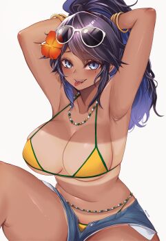 1girl absurdres alternate_skin_color armpits bead_choker beads bikini bikini_under_clothes bikini_bottom_under_shorts black_hair blue_eyes blue_hair bracelet brazil brazilian_flag brazilian_flag_bikini brazilian_flag_print brazilian_miku brazilian_miku_(cosplay) breasts cleavage cosplay cutoffs dark-skinned_female dark_skin denim denim_shorts earrings exposed_pocket eyewear_on_head flag_print flag_print_bikini flower gold_bracelet green_trim hair_flower hair_ornament hatsune_miku highres jewelry kivo kson large_breasts long_hair looking_at_viewer lowleg lowleg_shorts mole mole_under_eye multicolored_hair multiple_bracelets navel ponytail print_bikini purple_hair rectangular_earrings shorts shorts_tan skol smile solo souchou streaked_hair sunglasses swimsuit tan tanline tanline_peek tying_hair virtual_youtuber vocaloid vshojo white-framed_eyewear