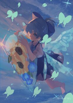 :o absurdres barefoot blue_bow blue_dress blue_eyes blue_hair bow bug butterfly cirno cloud commentary_request dated dress fairy fish_zeratin floating flower highres ice ice_wings insect looking_at_viewer medium_hair shirt short_sleeves sunflower tanned_cirno touhou twilight white_shirt wings