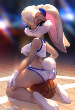 1girl animal_ears ball bare_legs basketball basketball_(object) crop_top furry furry_female gloves lola_bunny looking_at_viewer looking_back looney_tunes popodunk rabbit_ears rabbit_girl rabbit_tail solo space_jam tail toon_(style) white_gloves
