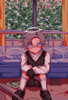 1boy aged_down angel_wings aotsuki_eito bed black_gloves black_shoes black_shorts black_sweater_vest blood blood_on_face bloody_knife book commentary_request curtains drawn_wings expressionless glasses gloves grey_hair halo highres holding holding_knife implied_murder knife koka-ka_metoro looking_at_viewer male_focus plant purple_eyes semi-rimless_eyewear shirt shoes short_hair shorts socks solo sweater_vest the_hundred_line_-last_defense_academy- white_shirt white_socks window wings