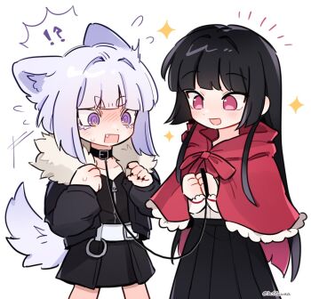 2girls @_@ animal_ears black_collar black_hair black_jacket black_nails black_shirt black_skirt blush capelet collar commentary fang holding holding_leash jacket jattawii kemonomimi_mode kurogane_otoha leash little_red_riding_hood_(fairy_tale) multiple_girls open_mouth pink_eyes purple_eyes purple_hair red_capelet rock_wa_lady_no_tashinami_deshite shiraya_tamaki shirt short_hair simple_background skirt smile sparkle sweat symbol-only_commentary tail white_background wolf_ears wolf_girl wolf_tail
