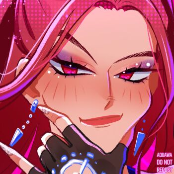 1girl aquawa black_gloves close-up commentary_request earrings eyeshadow fingerless_gloves gloves jewelry kpop_demon_hunters long_hair looking_at_viewer makeup mira_(kpop_demon_hunters) pink_background pink_eyes pink_hair sidelocks solo spanish_commentary