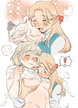 ! 2girls :d ^_^ animal animalization aqua_eyes areola_slip bird blonde_hair blush breasts chicken chimera clenched_hand closed_eyes closed_mouth curtained_hair dungeon_meshi elf falin_touden falin_touden_(chimera) falling_feathers feathers flying_sweatdrops frown grabbing_another&#039;s_breast groping heart highres holding holding_animal in_palm long_hair loving_aura lower_teeth_only marcille_donato medium_breasts milfcookiesimp multiple_girls nose_blush open_mouth pink_feathers pointy_ears smile sparkle sparkling_aura spoken_exclamation_mark sweatdrop teeth transformation underboob white_background white_feathers wide-eyed yuri