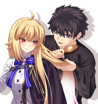 1boy 1girl ahoge archetype_earth arcueid_brunestud black_hair black_sweater blonde_hair breasts brushing_hair commentary english_commentary fate/grand_order fate_(series) highres l4st_resort long_hair shirt short_hair simple_background sweater tohno_shiki tsukihime upper_body white_background white_shirt